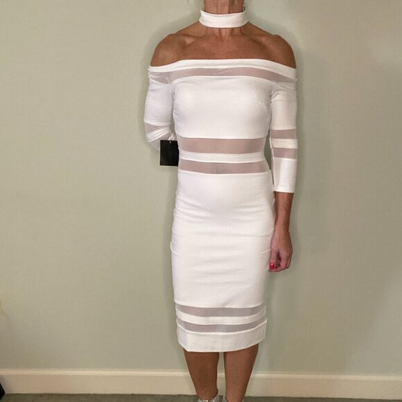Bebe Snow White Ariella Bodycon Stretch Choker Dress Back Zip Slit Size XXS NWT - Picture 1 of 7